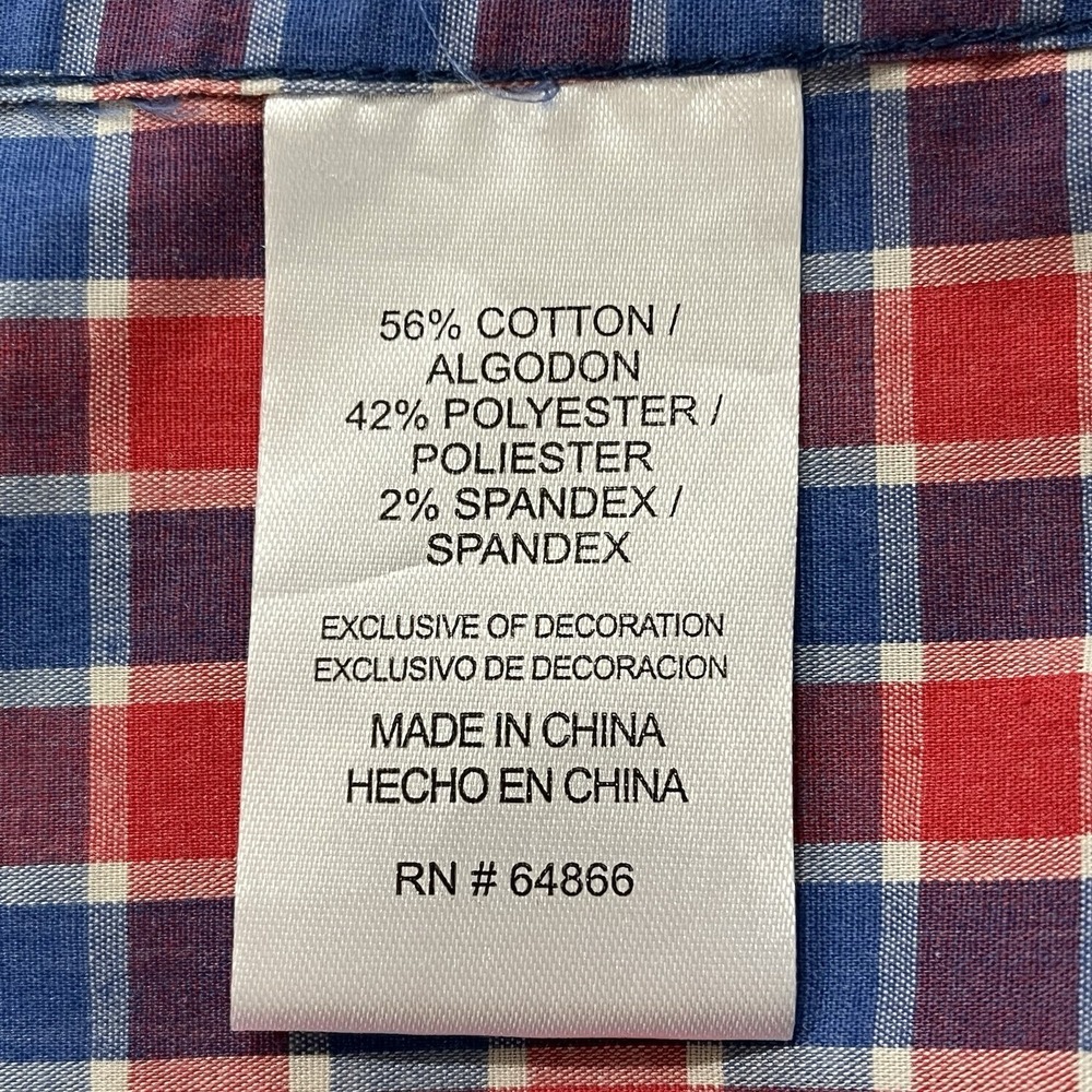 Lee Mens Shirt XL Blue Red Check Button Up Short Sleeve Stretch Patriotic Casual - Picture 7 of 8